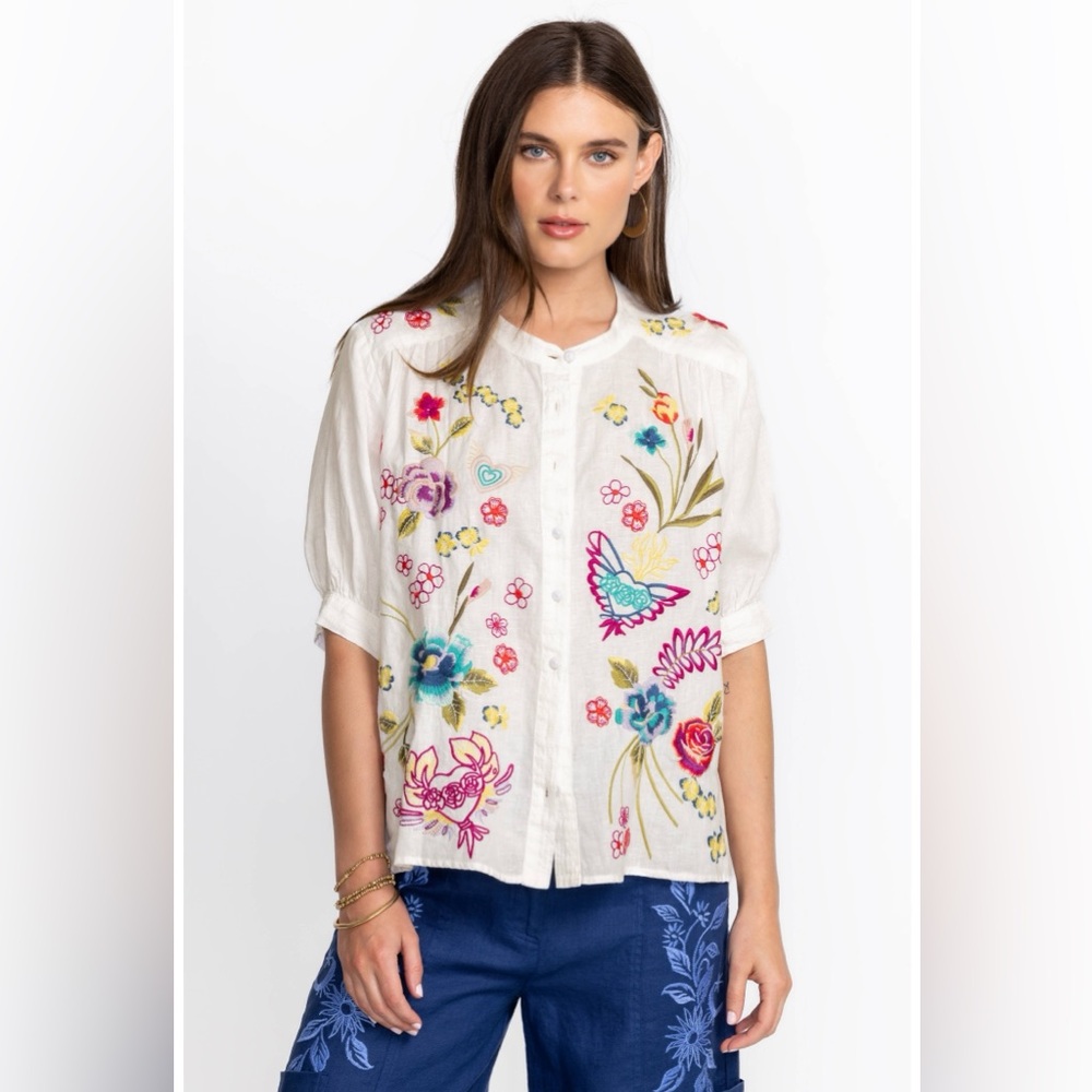 Johnny Was | Jessi Shirred Yoke‎ Linen Blouse | 100% Linen | Women’s Size Large